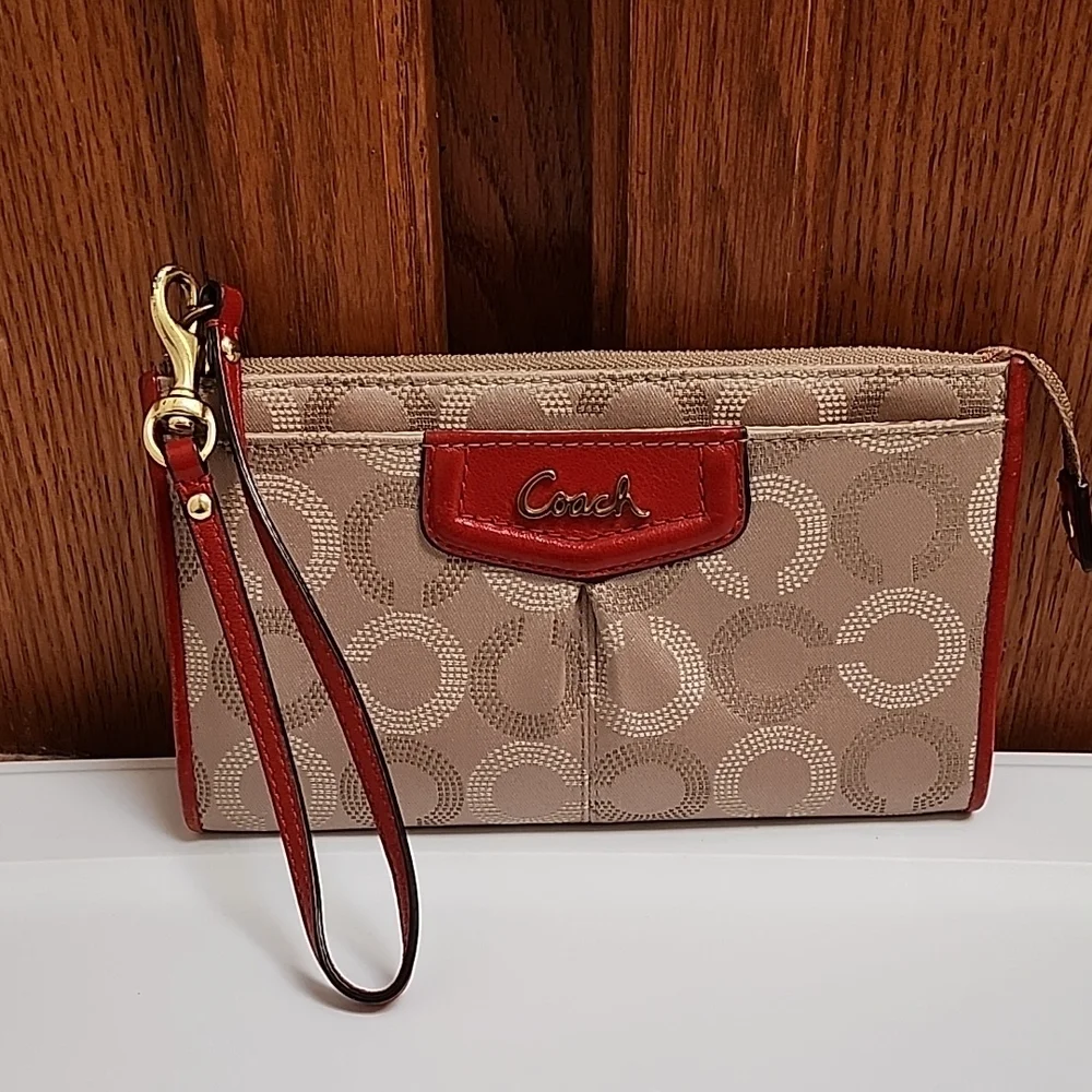 Coach Tan and Red Signature Wristlet